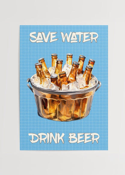 Vibrant poster print featuring beer bottles in ice with the text &