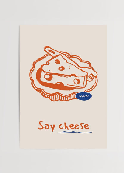 Playful Cheese Delight Illustration with vibrant orange on beige background.