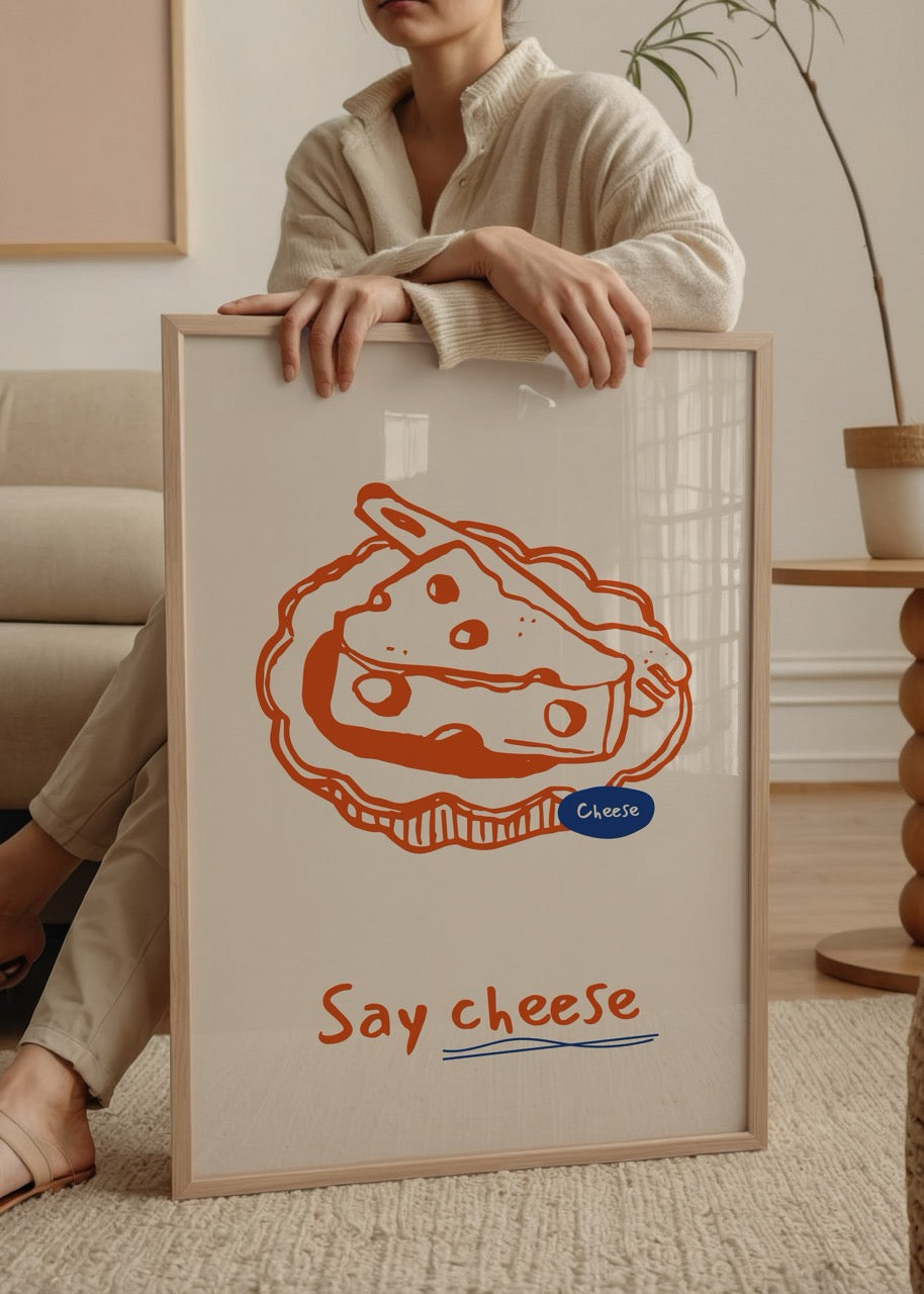 Playful Cheese Delight Illustration with vibrant orange on beige background.