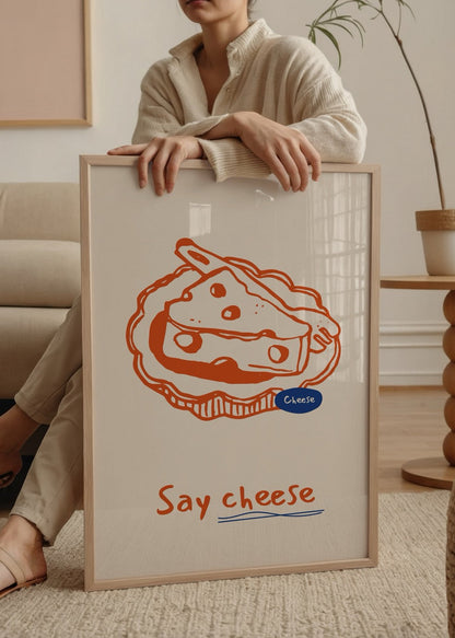 Playful Cheese Delight Illustration with vibrant orange on beige background.