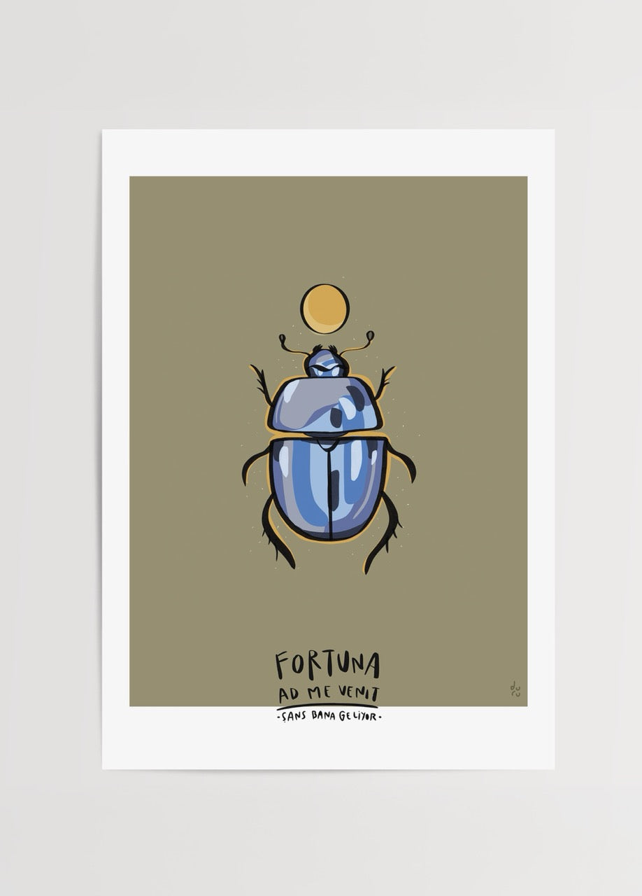 Illustration of a blue scarab beetle symbolising luck and protection on a beige background.
