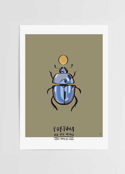 Illustration of a blue scarab beetle symbolising luck and protection on a beige background.