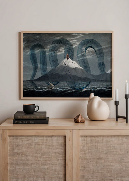 A mystical sea serpent wrapped around a mountain, illustrating adventure and fantasy.