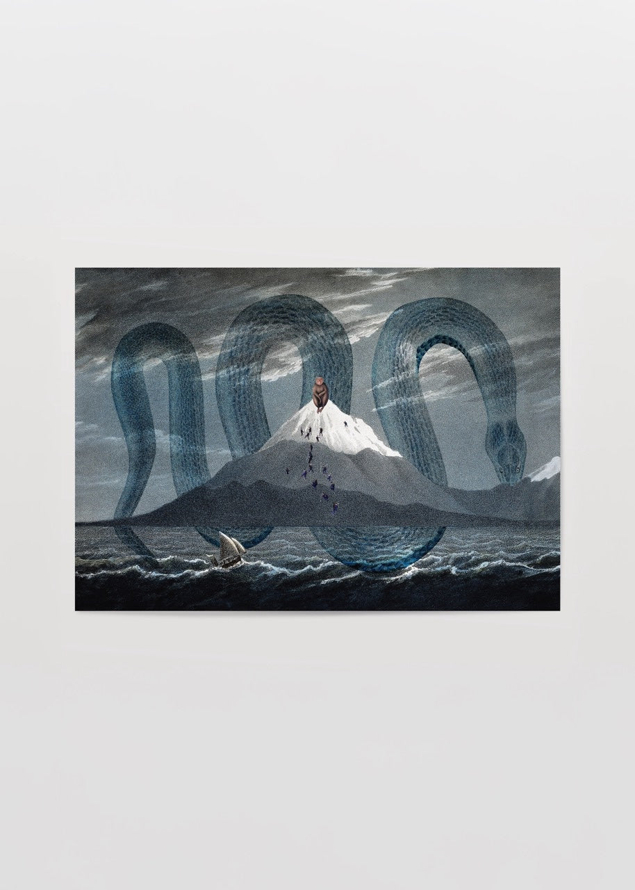 A mystical sea serpent wrapped around a mountain, illustrating adventure and fantasy.