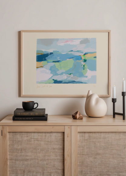 Sea, Salt &amp; Sun Poster Print featuring serene coastal abstract art.