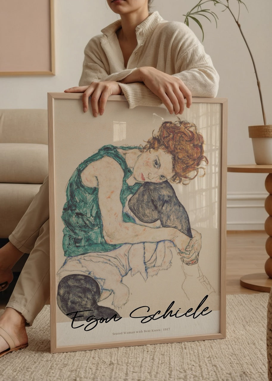 Artwork of a seated woman with bent knees, showcasing emotional expression.