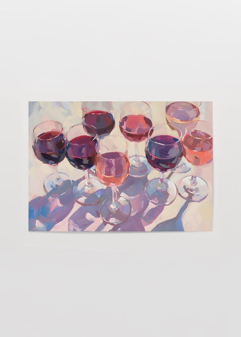 Vibrant illustration of colourful wine glasses in a still life arrangement.