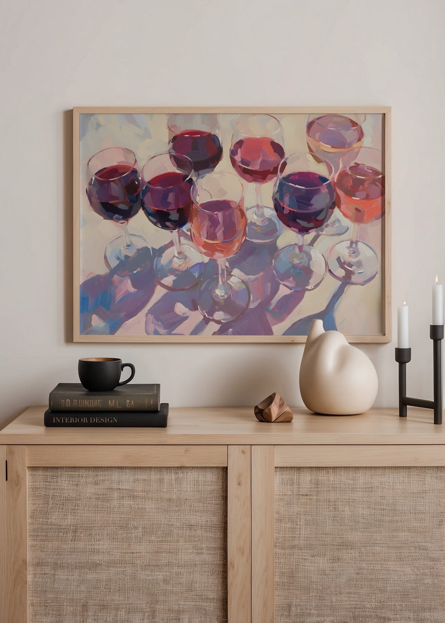 Vibrant illustration of colourful wine glasses in a still life arrangement.