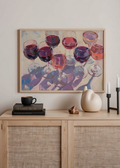 Vibrant illustration of colourful wine glasses in a still life arrangement.