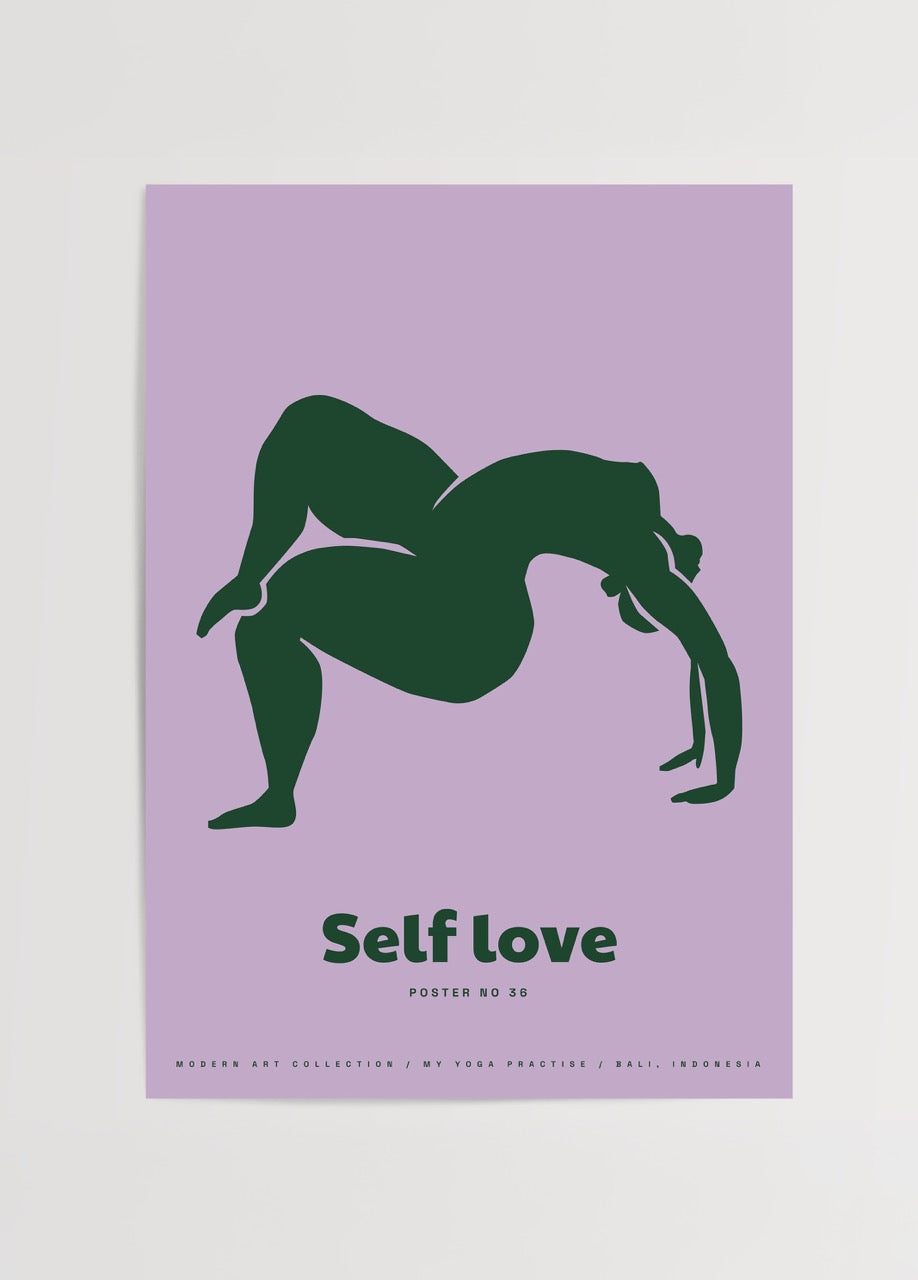 Self Love – Poster No. 36 featuring a bold green silhouette on lilac background.