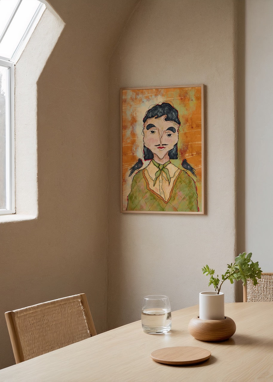Expressive figurative art poster featuring a portrait with crows on a vibrant background.