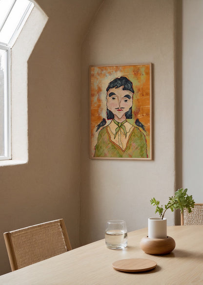 Expressive figurative art poster featuring a portrait with crows on a vibrant background.