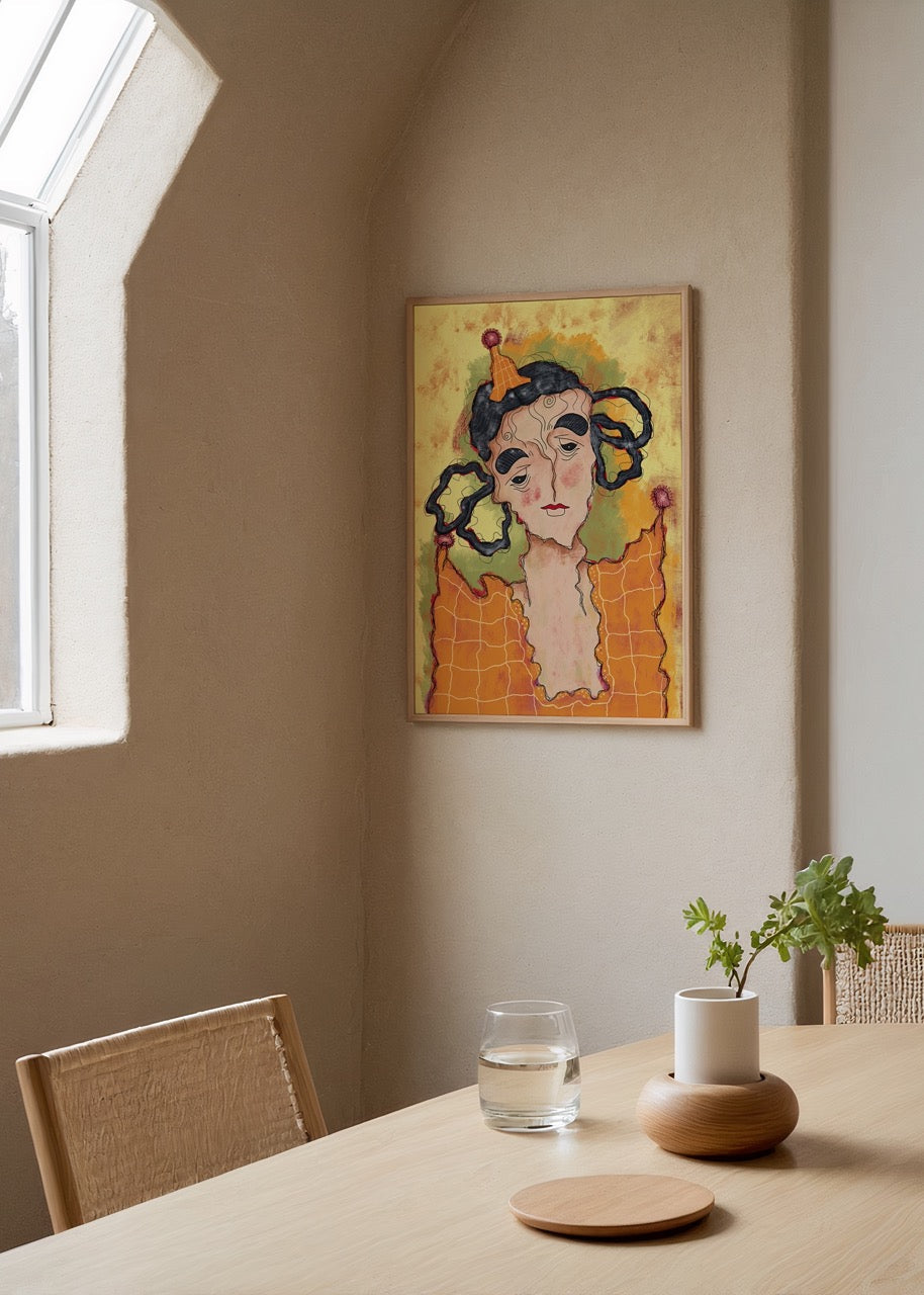 A vibrant and expressive portrait print depicting a figure in a festive setting.