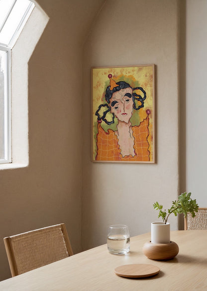 A vibrant and expressive portrait print depicting a figure in a festive setting.