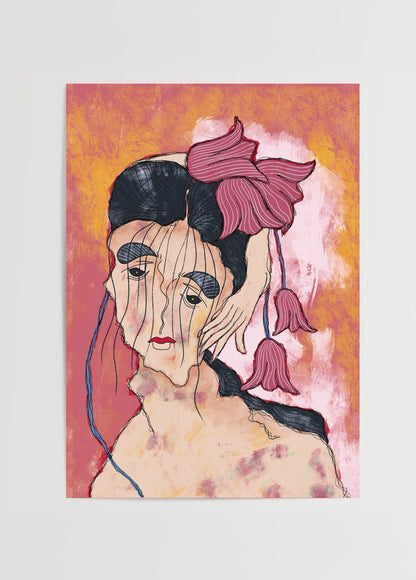 A vibrant and expressive artwork featuring bold colours and floral motifs, ideal for wall art.