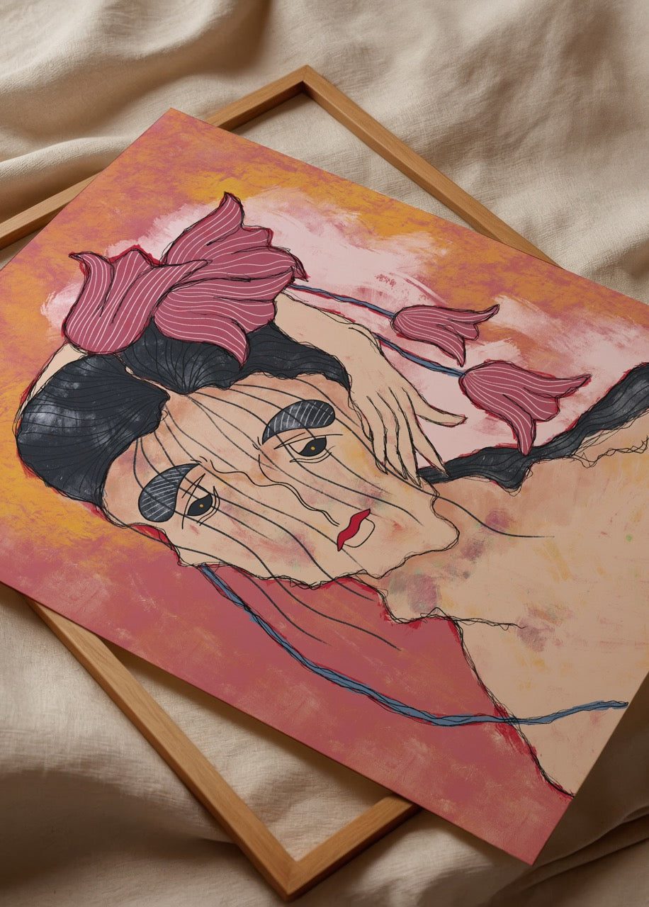 A vibrant and expressive artwork featuring bold colours and floral motifs, ideal for wall art.