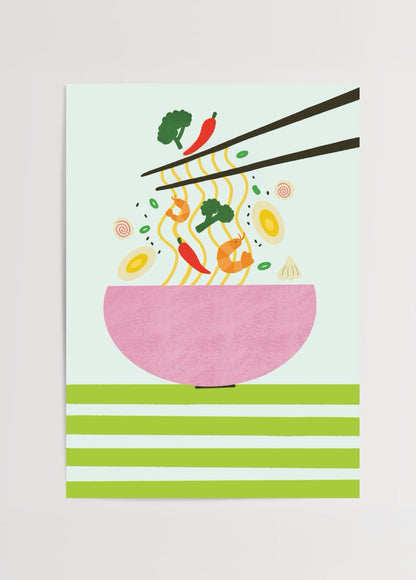 Illustrative poster featuring shrimp noodles in a bowl with chopsticks.