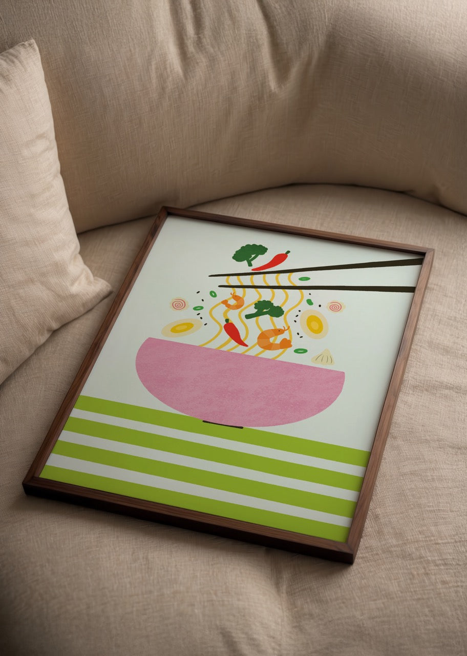 Illustrative poster featuring shrimp noodles in a bowl with chopsticks.