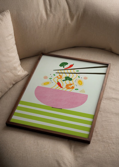 Illustrative poster featuring shrimp noodles in a bowl with chopsticks.