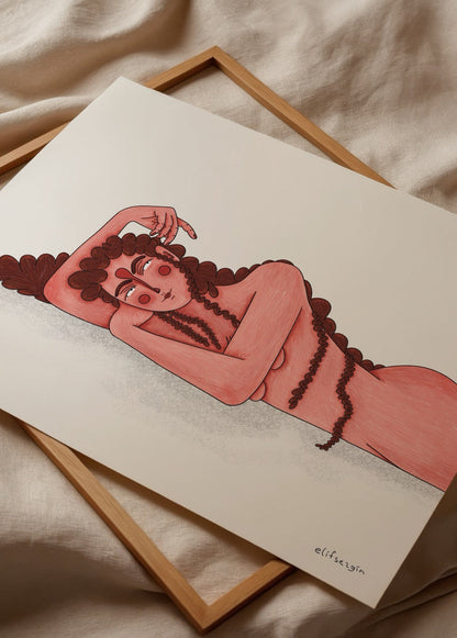 A serene poster print featuring a relaxed figure in soft red tones, ideal for wall art.