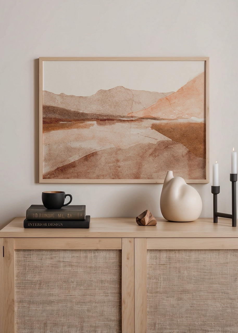 Whispers of Tranquility Artwork featuring serene landscape in warm tones.