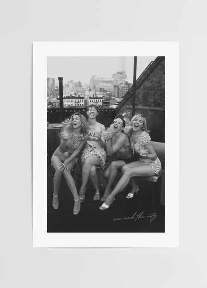 Monochrome wall art depicting urban friendship in a city setting.