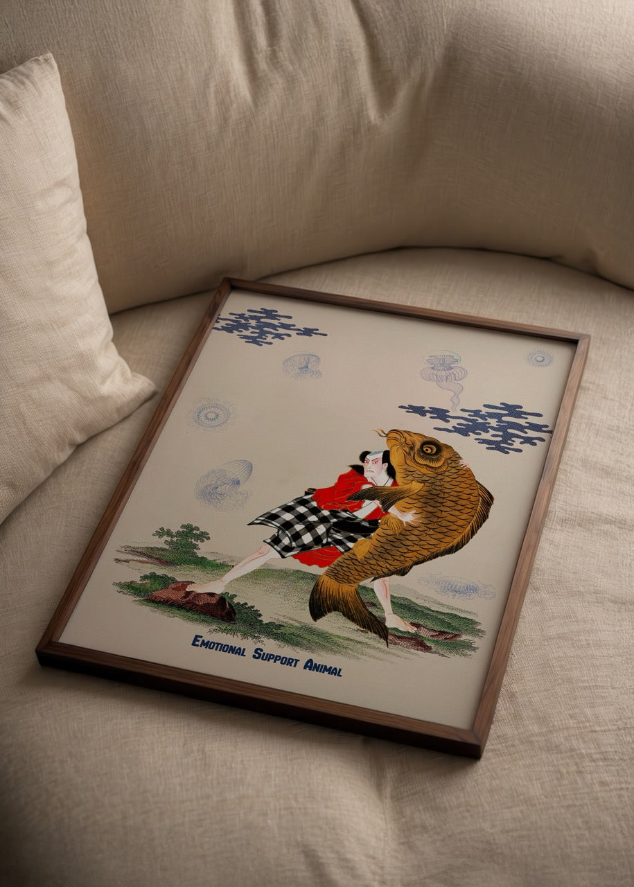 Whimsical artwork featuring a figure and a large fish in a vibrant style.