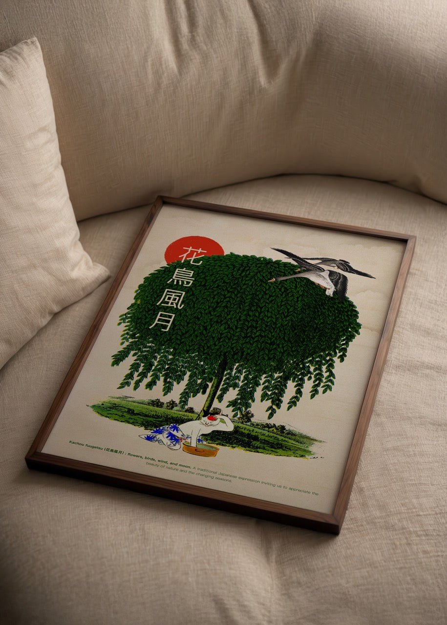 Kachou Fuugetsu Poster Print featuring a serene tree and wildlife scene.