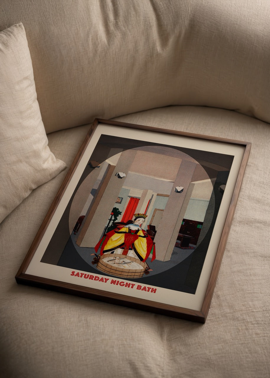 Artistic print of a woman in a bath, enhancing home decor.