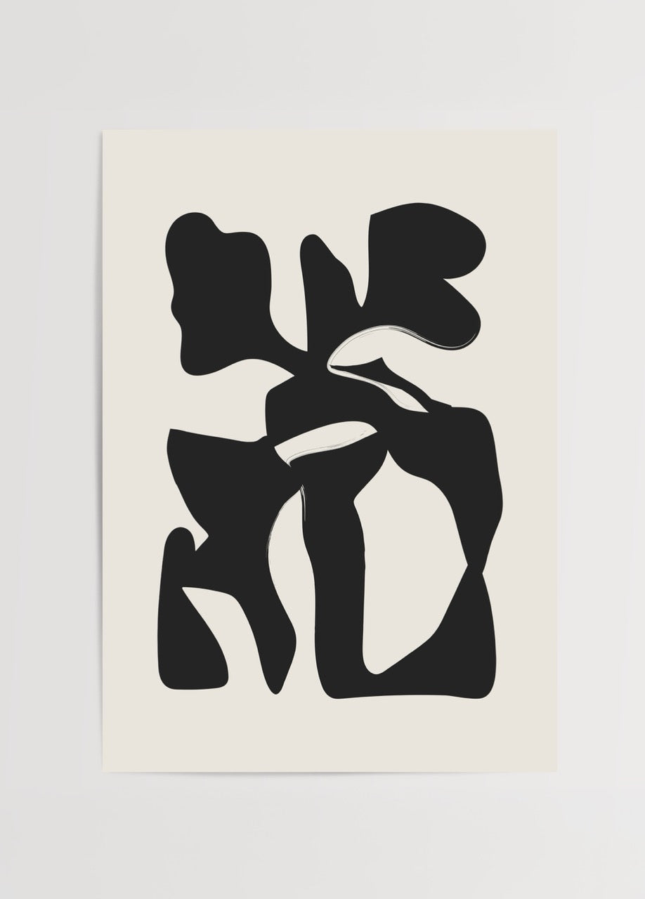 Monochrome abstract artwork with bold black shapes on cream background.