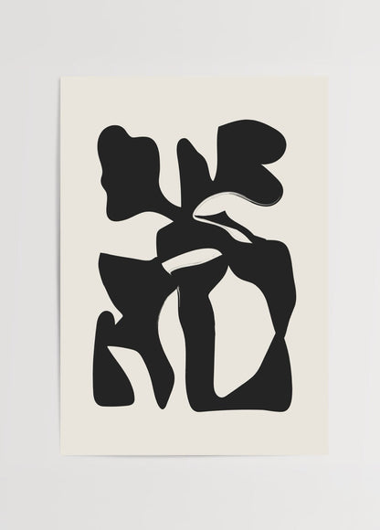 Monochrome abstract artwork with bold black shapes on cream background.