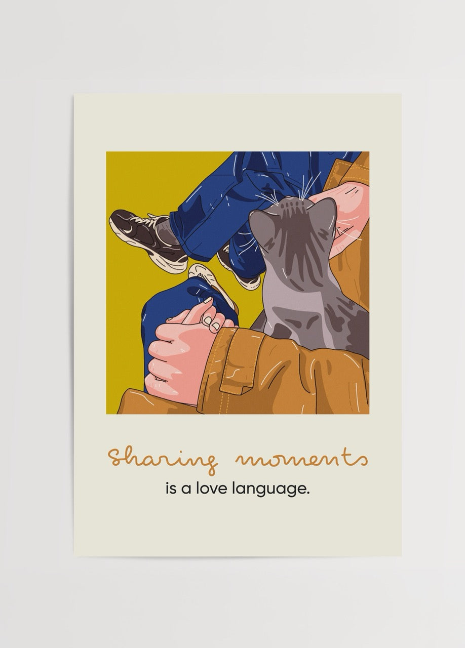 Illustrative poster depicting a warm moment shared with a cat.