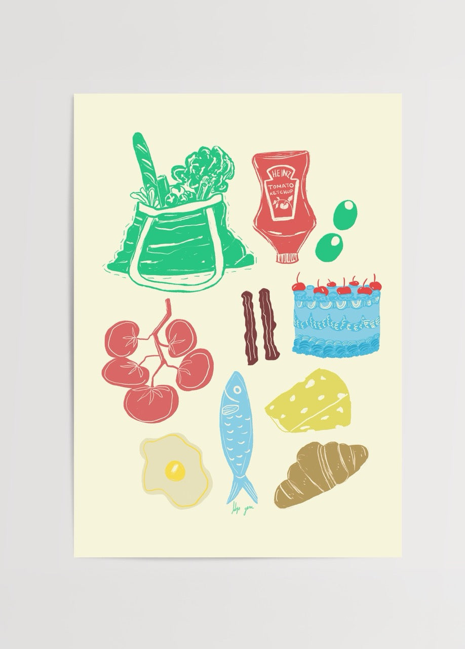 Vibrant illustration of food items, perfect for kitchen decor.