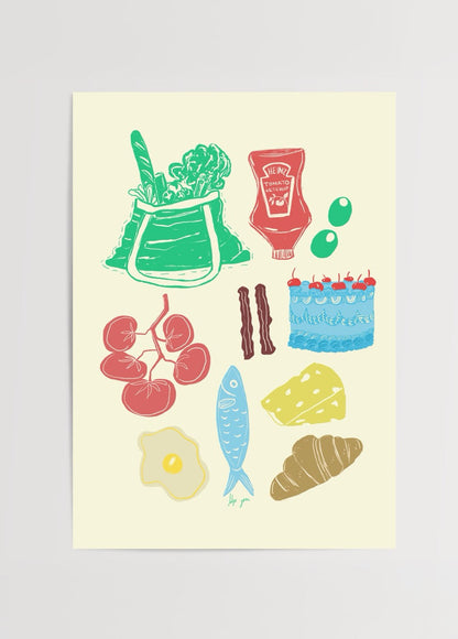 Vibrant illustration of food items, perfect for kitchen decor.