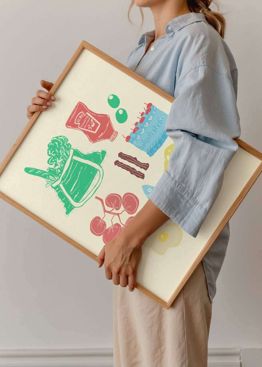Vibrant illustration of food items, perfect for kitchen decor.