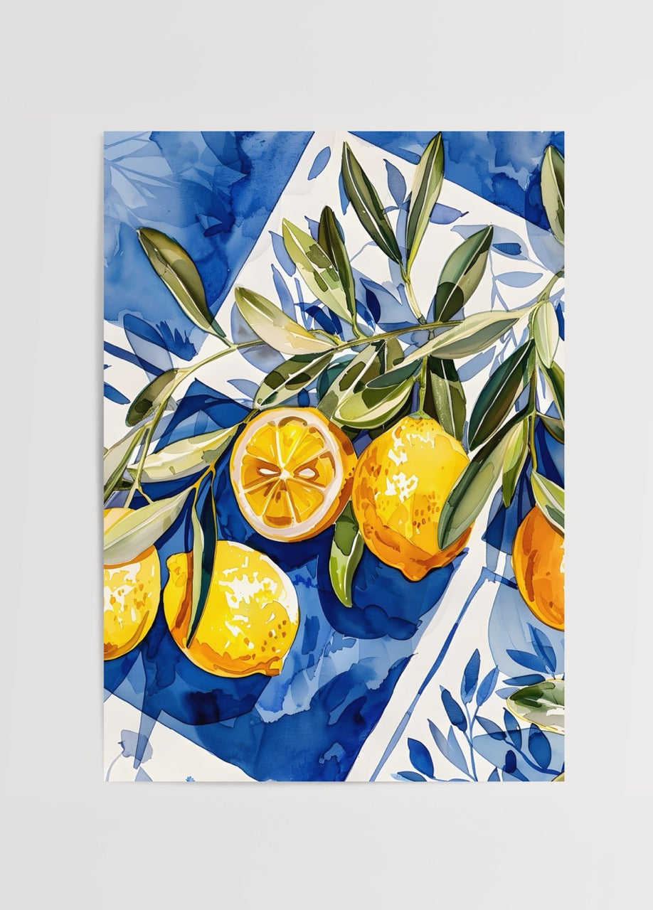 Vibrant watercolour artwork of lemons on a blue background.