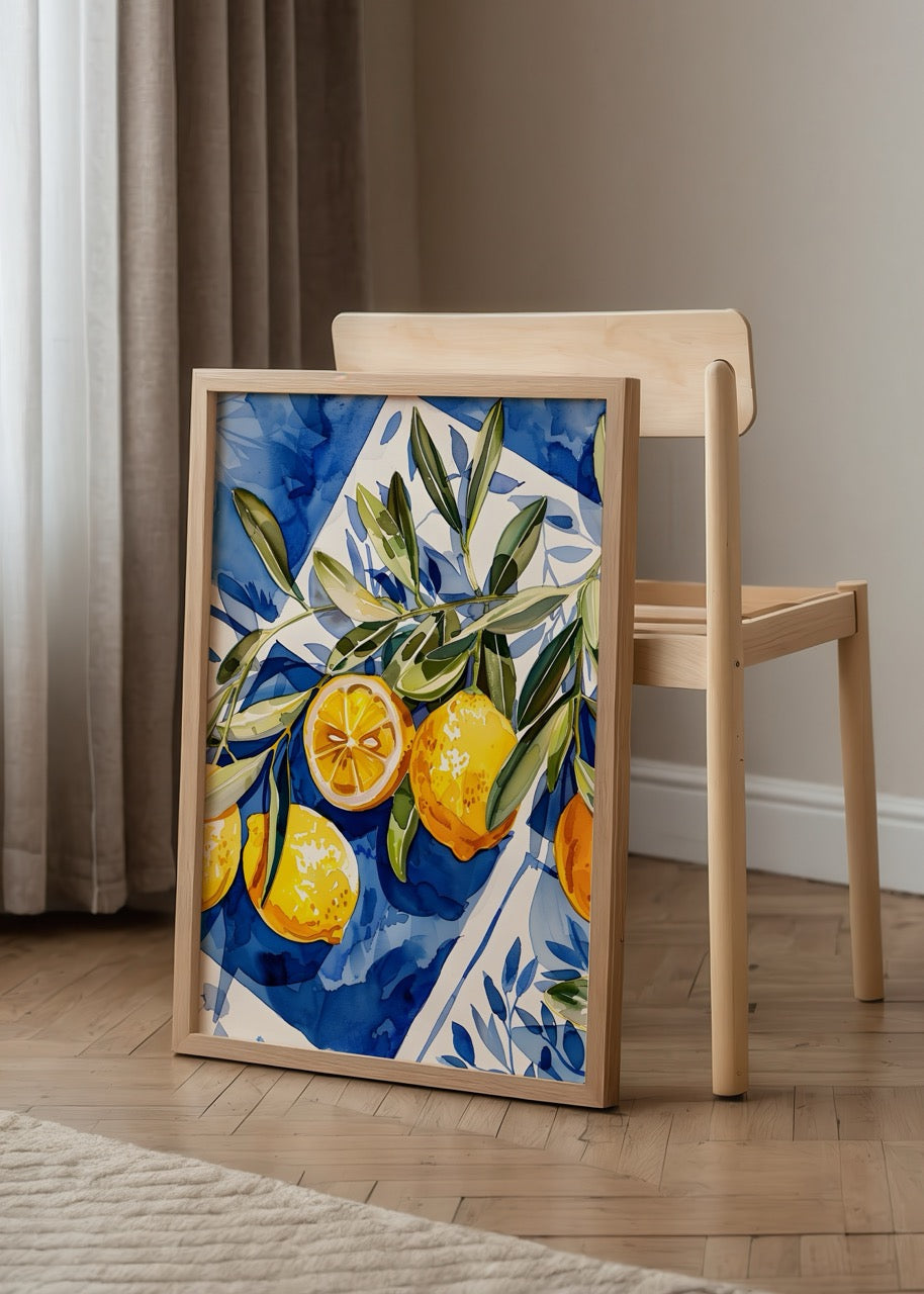 Vibrant watercolour artwork of lemons on a blue background.