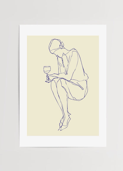 Silent Pause Poster Print featuring minimalist line art of a seated figure with a glass, set against a beige background.