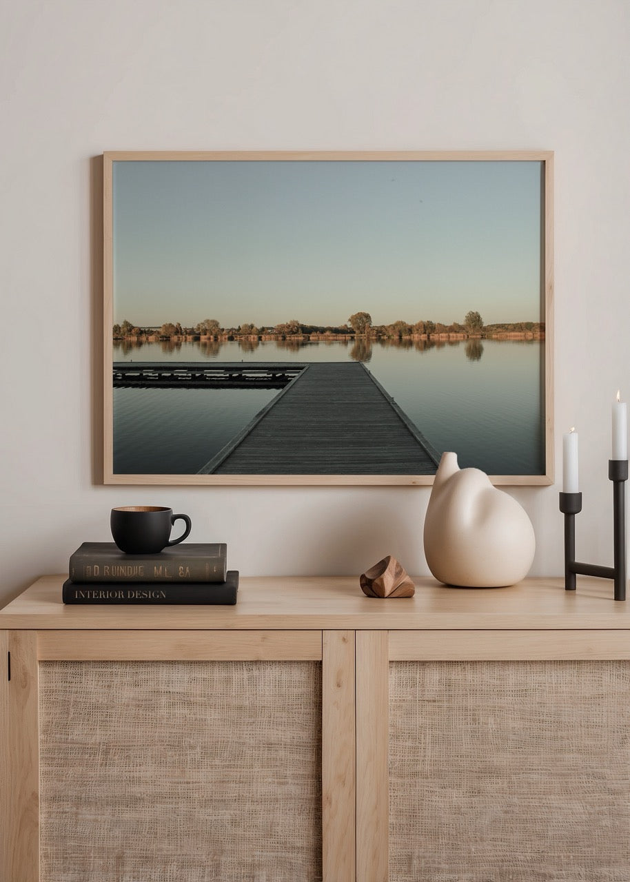 Tranquil photographic poster of Silent Pier Lake in Białystok, reflecting calm waters.