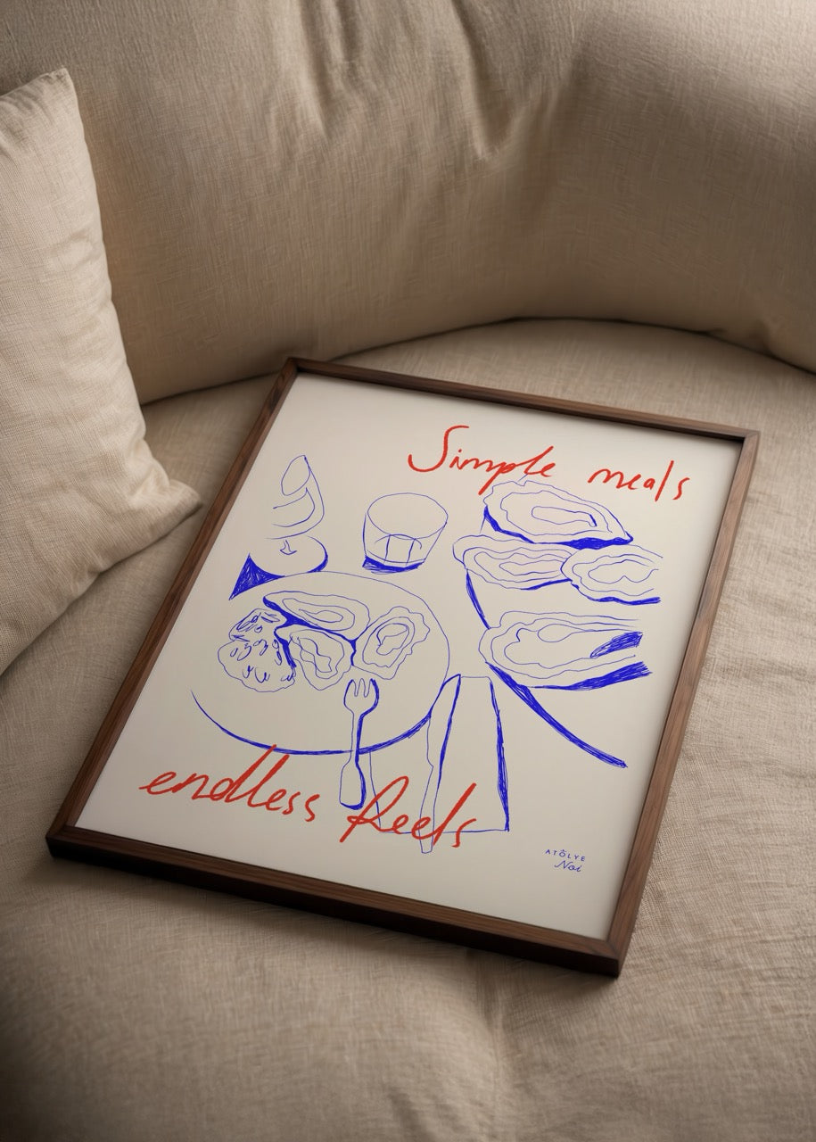Line art poster featuring a meal scene with oysters and a glass, vibrant red text.