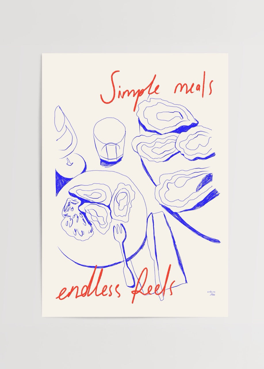 Line art poster featuring a meal scene with oysters and a glass, vibrant red text.