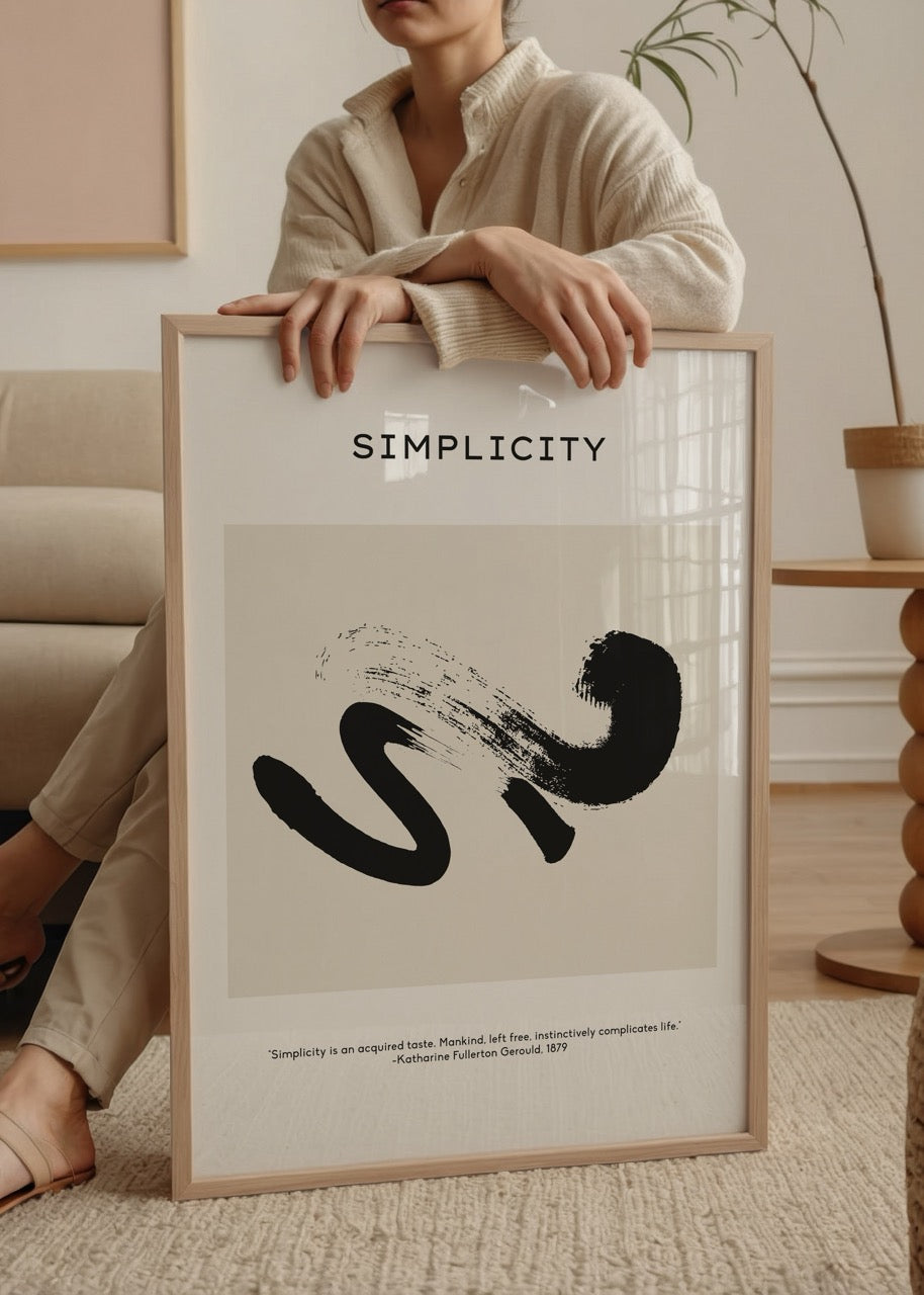 Elegant Minimalism Wall Art features dynamic brush strokes in black on a beige background.