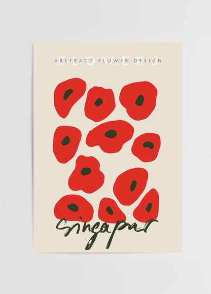 Abstract floral art print featuring red blooms on a soft background.