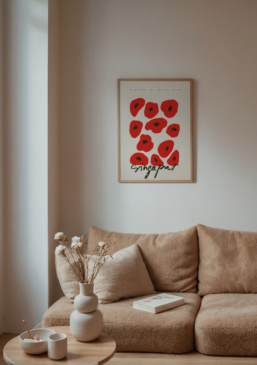 Abstract floral art print featuring red blooms on a soft background.