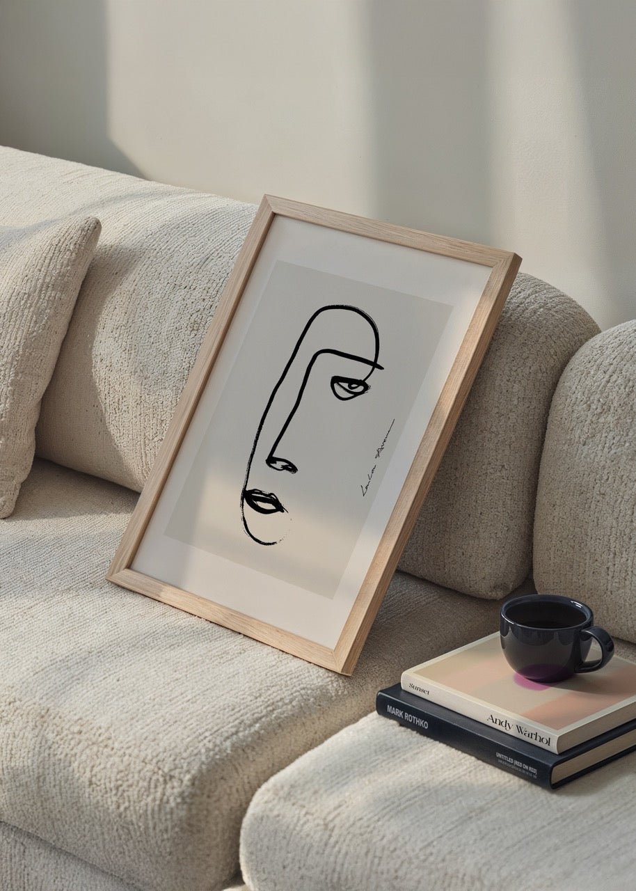 Elegant minimalist line face art print on neutral background