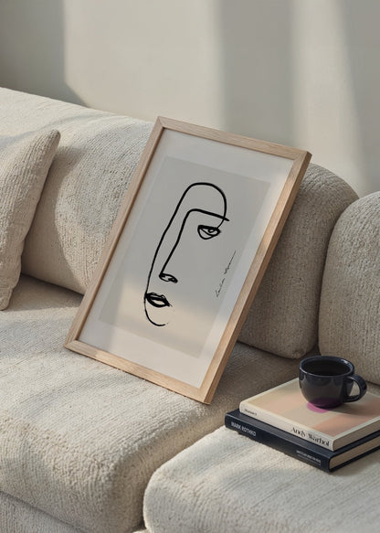 Elegant minimalist line face art print on neutral background