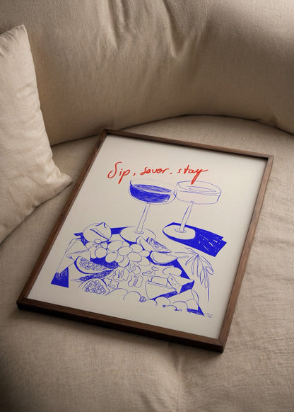 Artwork featuring two glasses and an array of fruits, with &