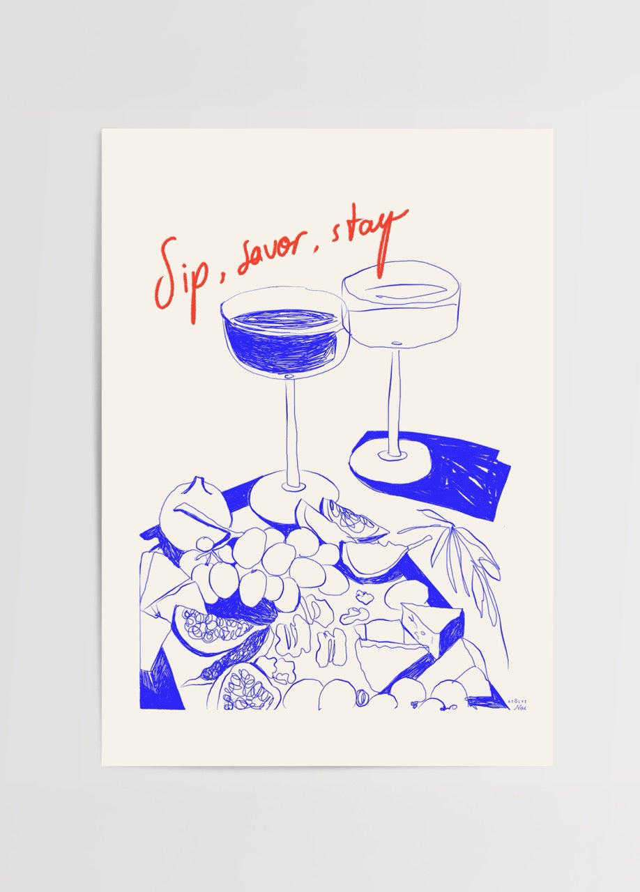 Artwork featuring two glasses and an array of fruits, with &