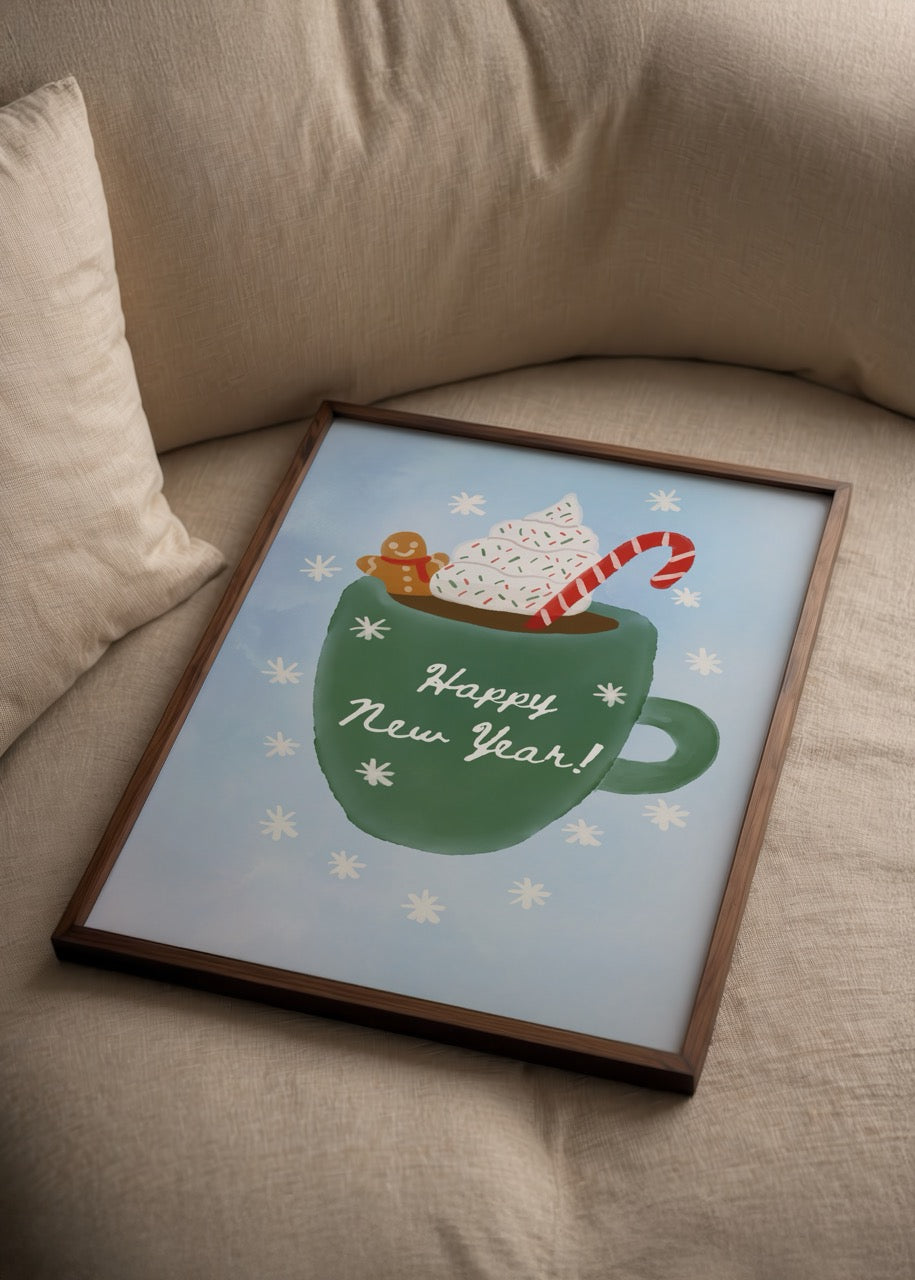Whimsical poster print featuring a festive mug with cream and candy cane.