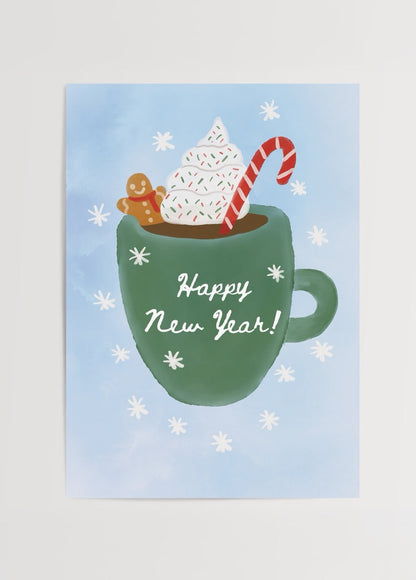 Whimsical poster print featuring a festive mug with cream and candy cane.